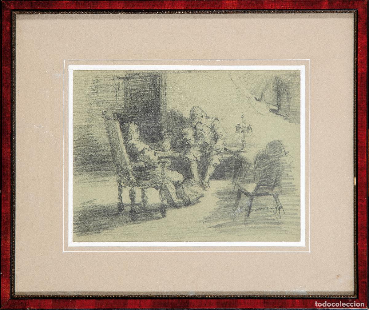 Arte: Escena costumbrista de interior dibujo a l&aacute;piz sobre papel Francisco Domingo Marqu&eacute;s siglo XIX