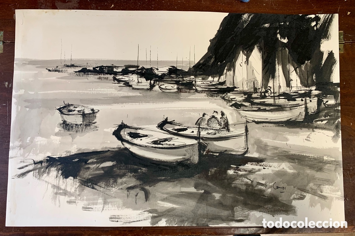 Arte: Joaquim Comes 1948, pintor de Palam&oacute;s, marina, 40x33,5 obra y 54x48 con marco