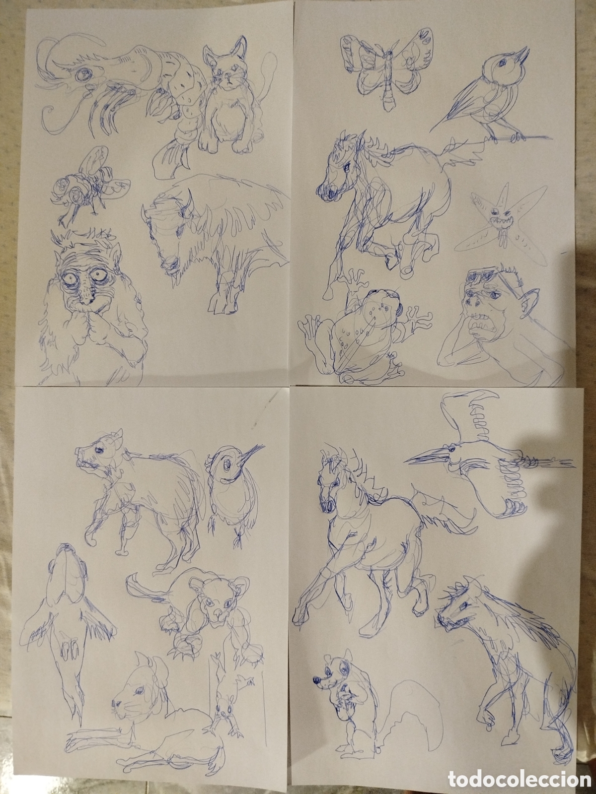 Arte: 4 folios bocetos tinta animales
