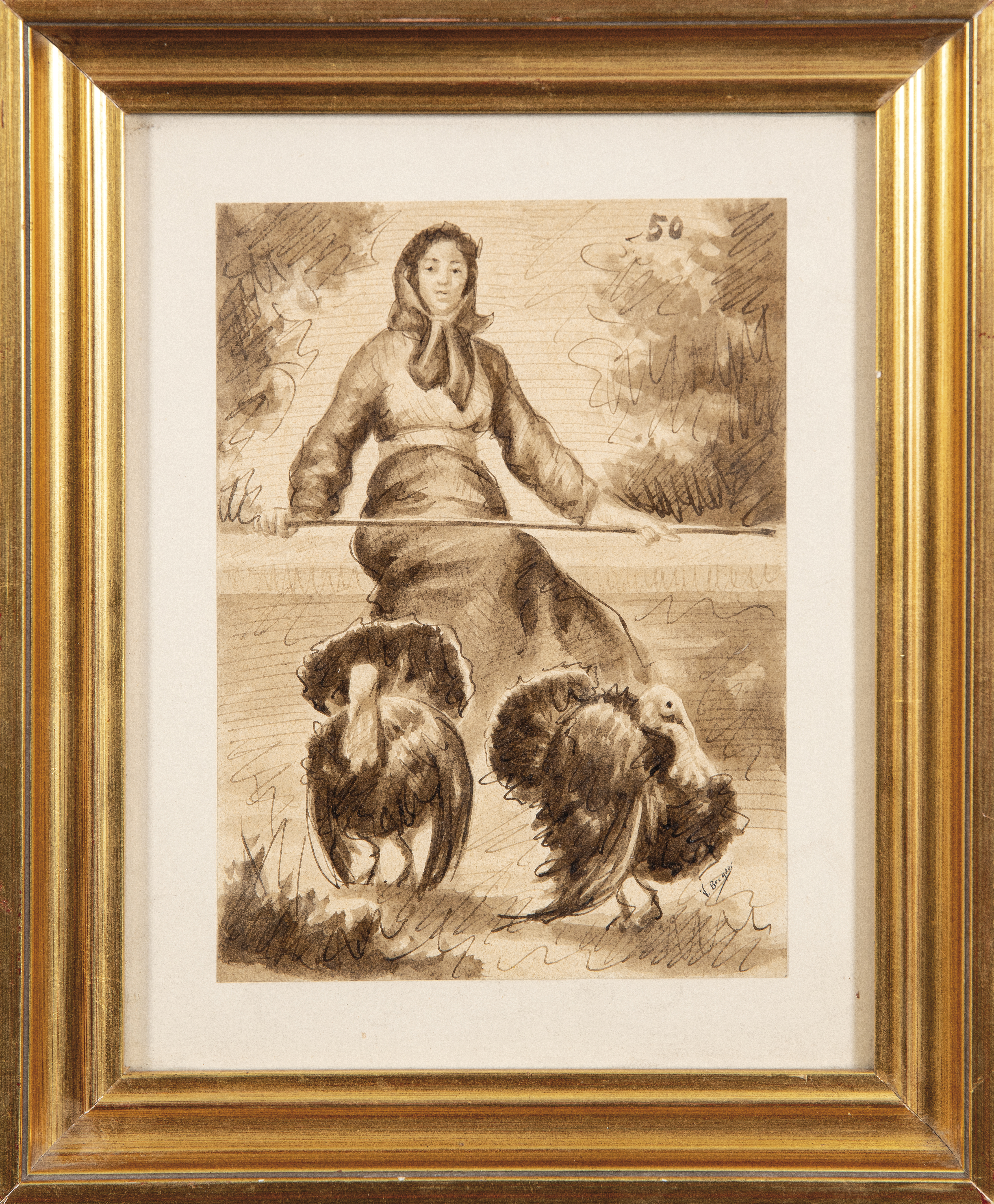 Arte: Pavera retrato de campesina plumilla y tinta sobre papel Valeriano Dominguez Becquer siglo XIX