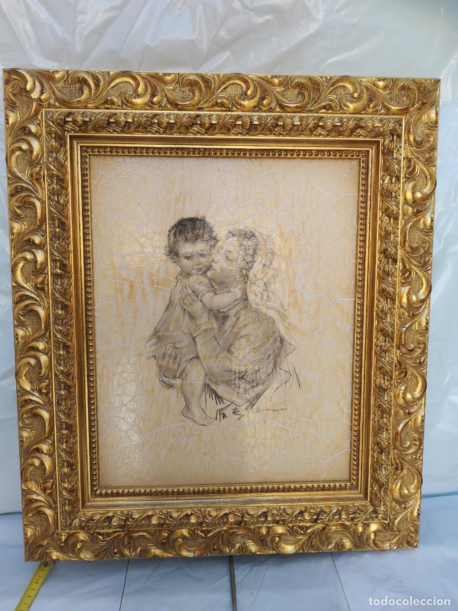 Arte: Dibujo acad&eacute;mico original &mdash; Maternidad, mujer con ni&ntilde;o &mdash; tabla preparada, marco dorado tallado, a&ntilde;os