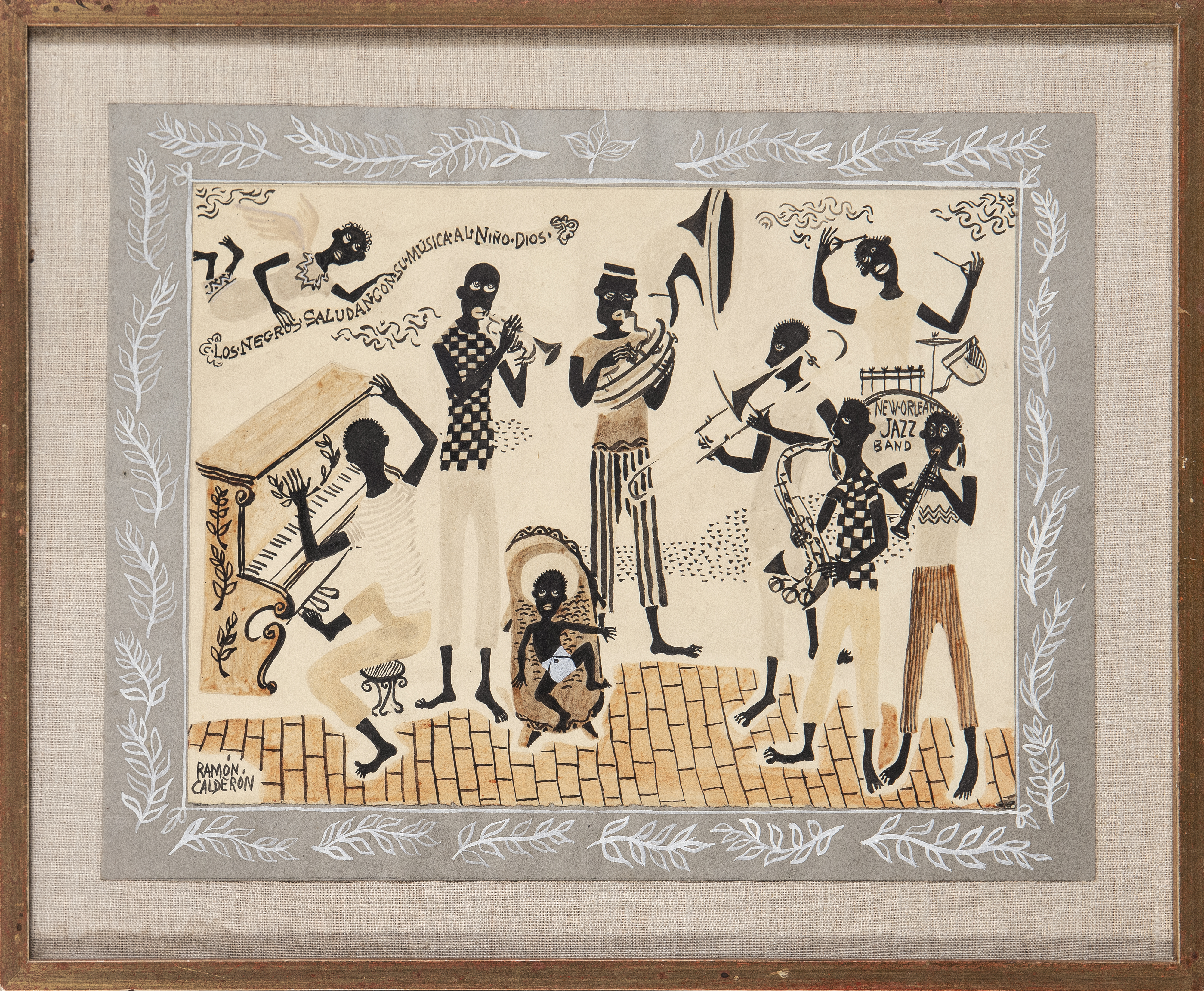 Arte: Los negros saludando con su m&uacute;sica Jazz Band New Orleans dibujo sobre papel Ram&oacute;n Calder&oacute;n siglo XX