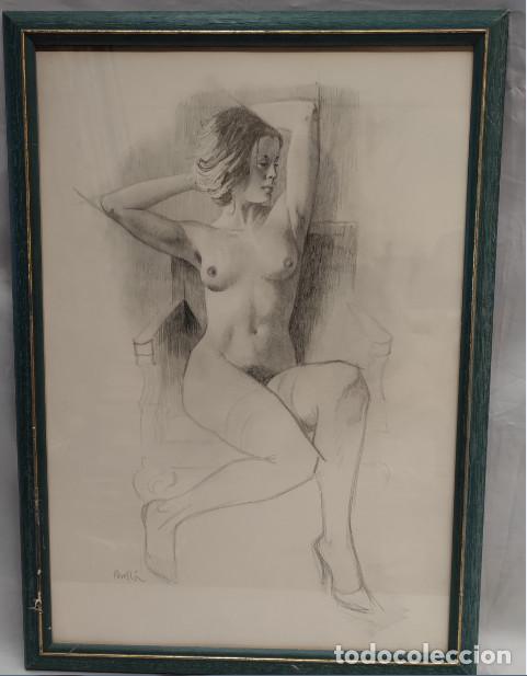 Arte: DIBUJO DE CELEDONIO PERELLON, MUJER DESNUDA, ENMARCADO, 54 X 39 CM