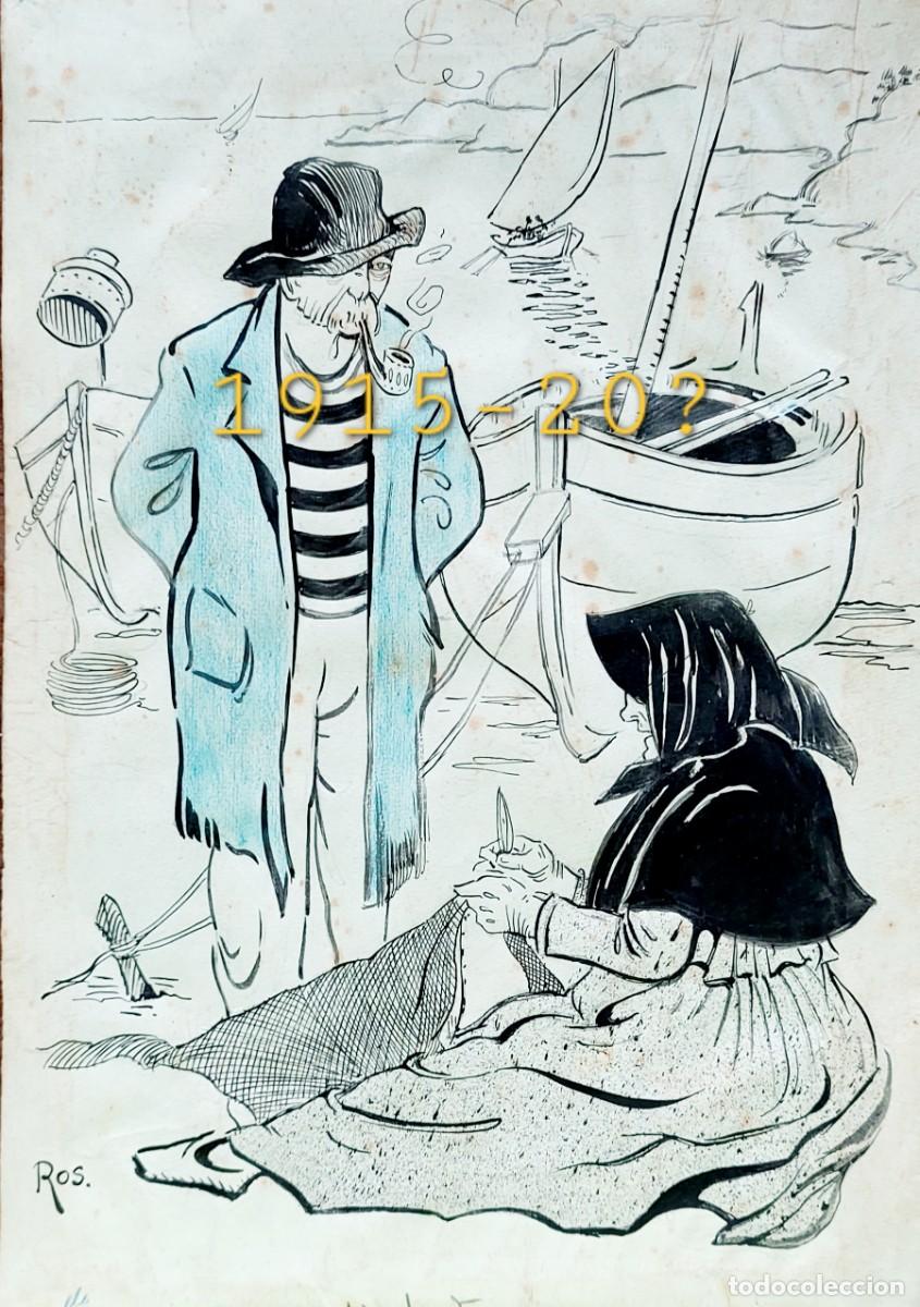 Arte: ROS DIBUIX ORIGINAL ESCENA PESCA PLATJA JOAQUIM RUYRA BLANES COSTA BRAVA?