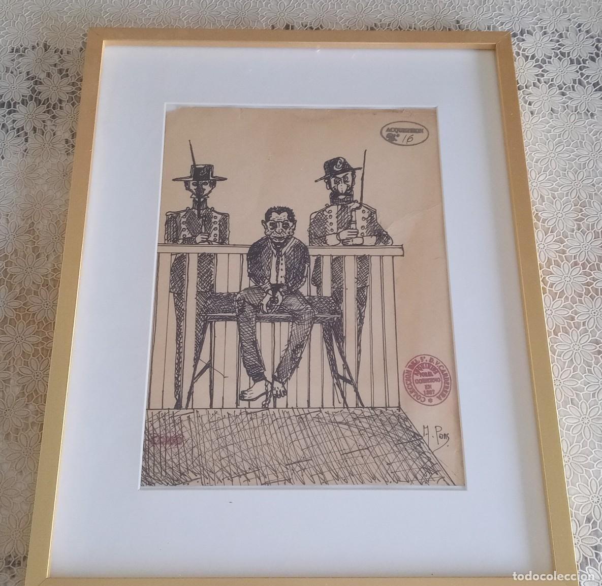 Arte: Dibujo original a tinta del ilustrador del siglo XIX &Aacute;ngel Pons con sello Valent&iacute;n Carderera