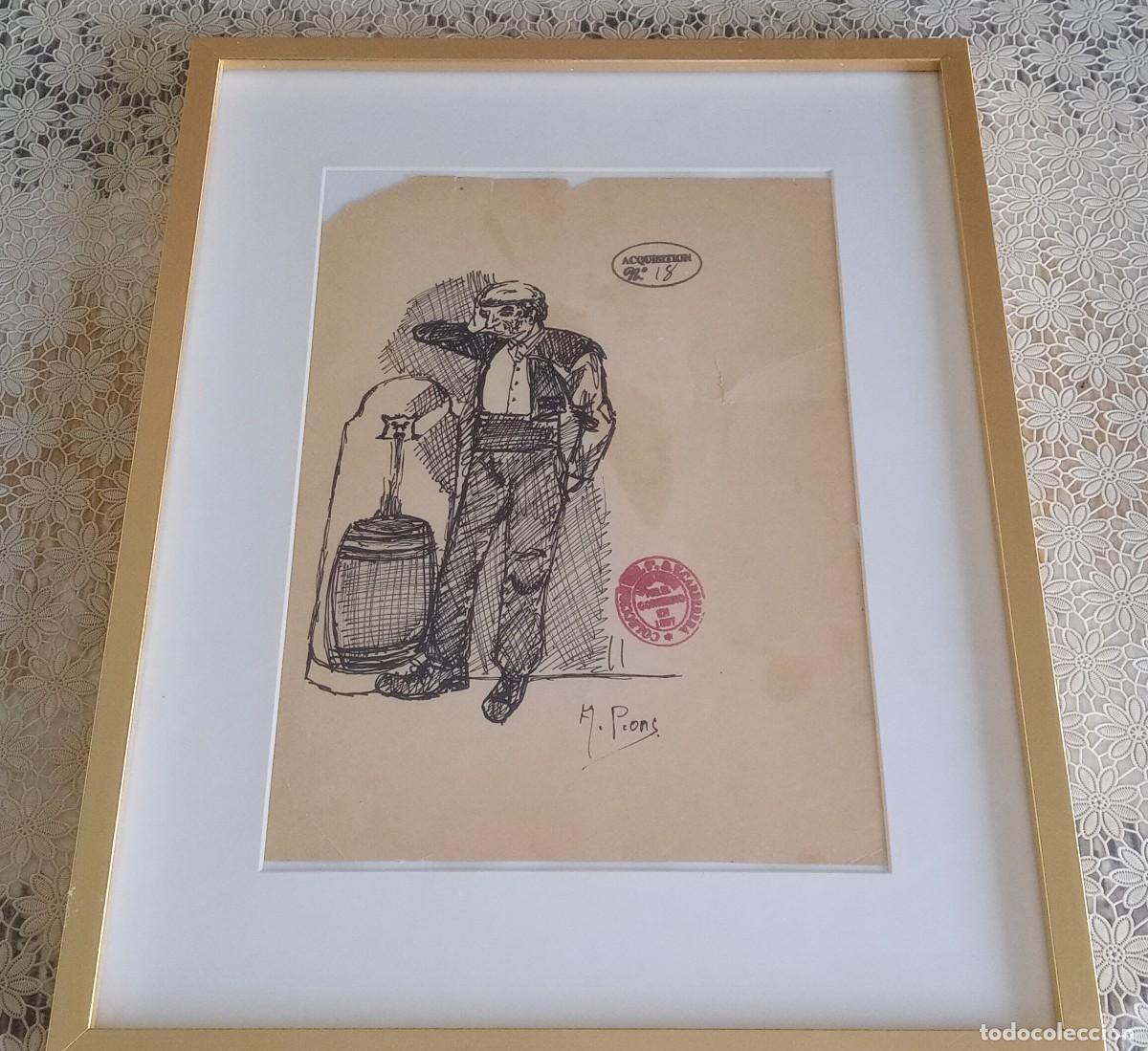 Arte: Dibujo original a tinta del ilustrador del siglo XIX &Aacute;ngel Pons sello colecci&oacute;n Valent&iacute;n Carderera
