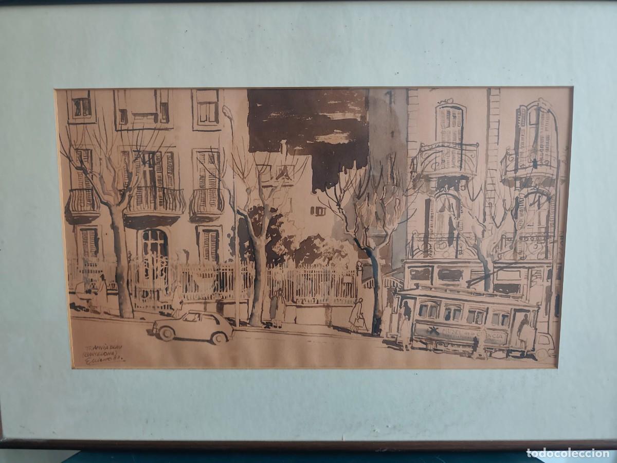 Arte: Cuadro dibujo a tinta Barcelona tranv&iacute;a blau