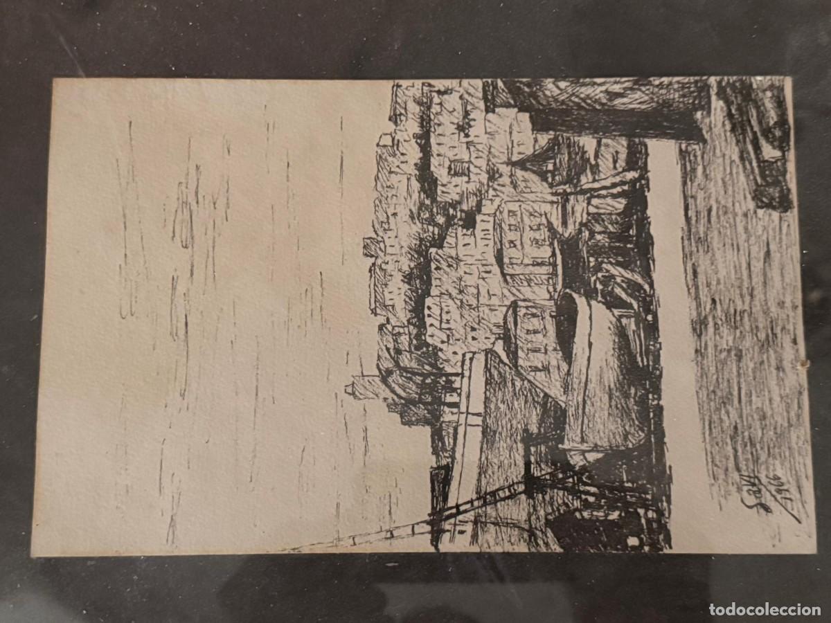 Arte: Antiguo dibujo original a la plumilla de Savi - Paisaje marino de puerto - A&ntilde;o 1966