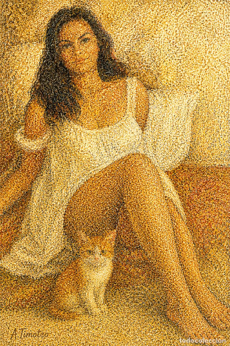 Arte: L&Aacute;MINA, DIBUJO, CUADRO.- MUJER CON GATO..H176..30x42 cm.-280g/m2.