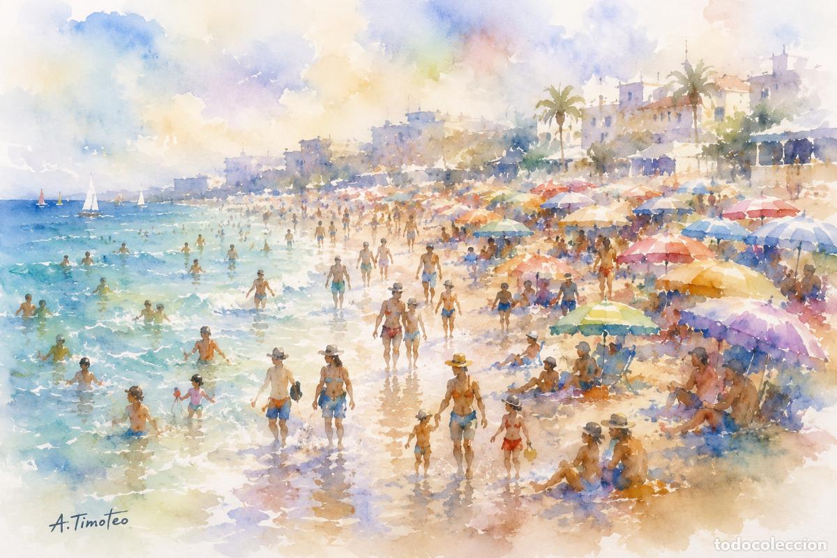 Arte: L&Aacute;MINA, DIBUJO, ACUARELA,CUADRO.- BULLICIO EN LA PLAYA..H182..30x42 cm.-280g/m2.
