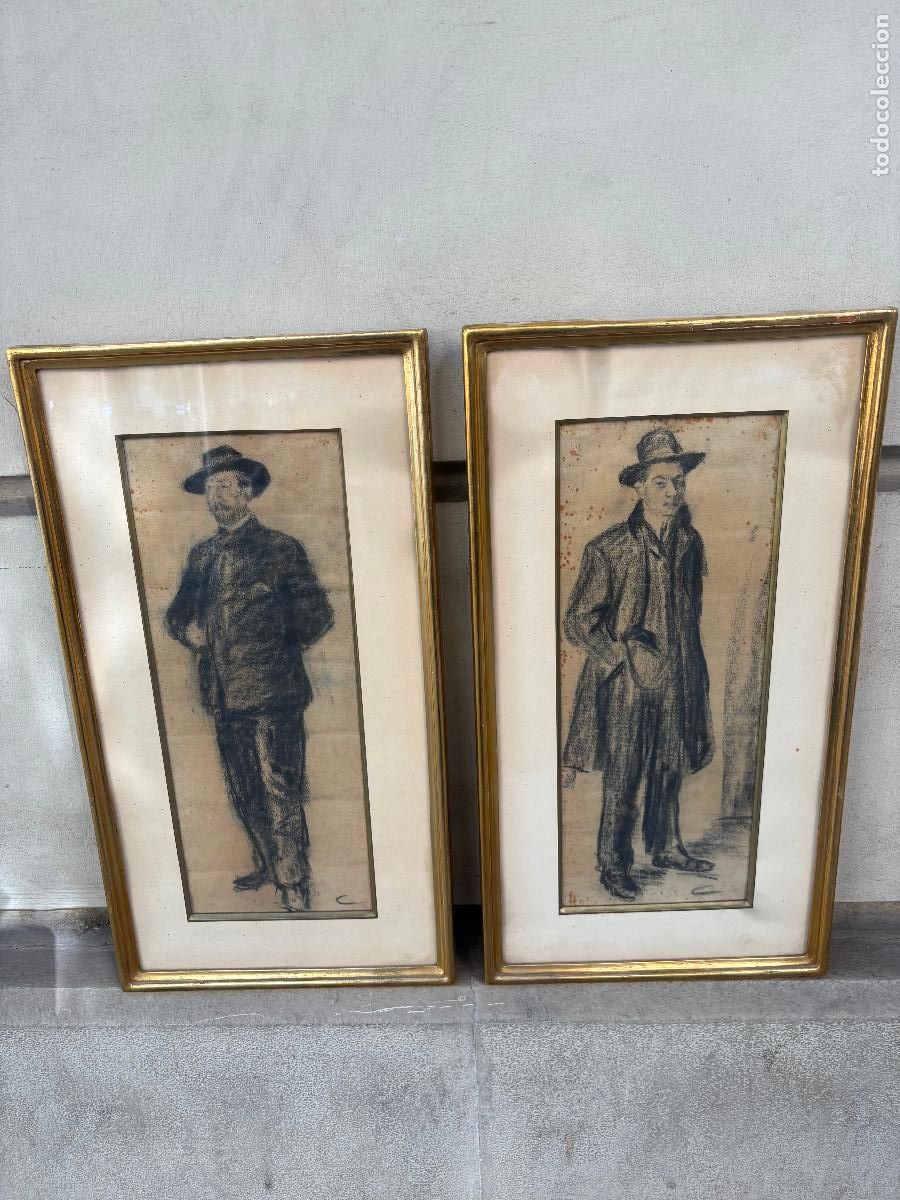 Arte: Pareja de dibujos carboncillo &eacute;poca modernista Ramon casas Picasso pichot 4 gats a estudiar