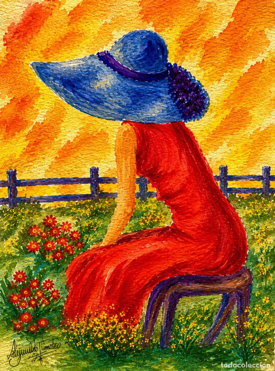 Arte: L&Aacute;MINA de LIENZO ORIGINAL, DIBUJO, ACUARELA,CUADRO.- BAJO EL SOMBRERO AZUL..H194..30x42 cm.-280g/m2.
