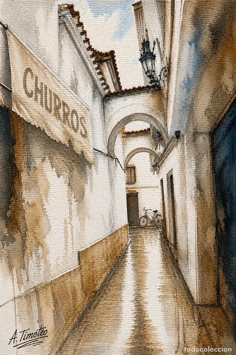 Arte: L&Aacute;MINA de LIENZO ORIGINAL, DIBUJO, ACUARELA,CUADRO.- CALLEJ&Oacute;N..H197..30x42 cm.-280g/m2.