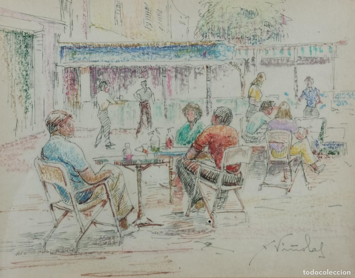 Arte: EL VERMUT EN LA PLAZA. FIRMADO VI&Ntilde;OLAS. DIBUJO A LA CERA SOBRE PAPEL. ESPA&Ntilde;A. SIGLO XX.