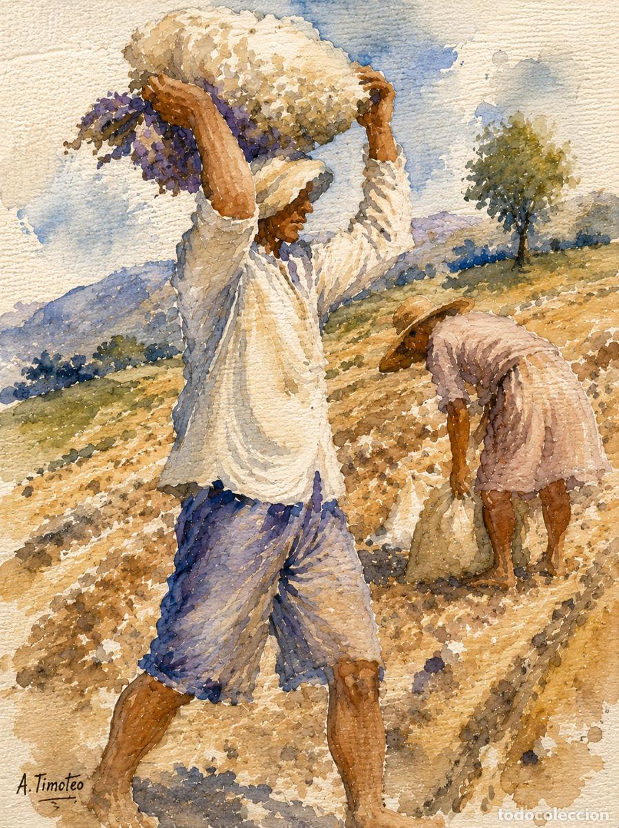 Arte: L&Aacute;MINA de LIENZO ORIGINAL, DIBUJO, ACUARELA,CUADRO.- TRABAJO Y DIGNIDAD..H213..30x42 cm.-280g/m2.