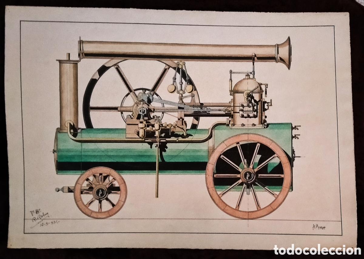 Arte: DIBUJO a TINTA y ACUARELA / &rdquo;LOCOMOTORA&rdquo;. FDO.: HUMBERTO PUEYO (Zaragoza). A&ntilde;o 1951