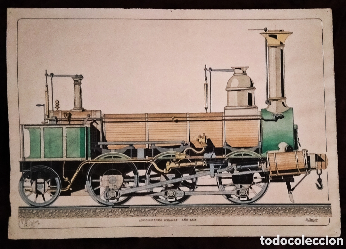 Arte: DIBUJO a TINTA y ACUARELA / *LOCOMOTORA INGLESA, A&Ntilde;O 1848*. FDO.: HUMBERTO PUEYO (Zaragoza). A&ntilde;os 50