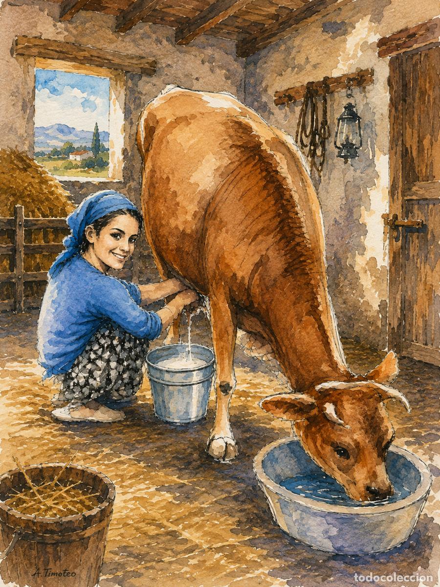 Arte: L&Aacute;MINA de LIENZO ORIGINAL, DIBUJO, ACUARELA,CUADRO.- LA LECHE ORIGEN DE L ..H236..30x42 cm.-280g/m2.
