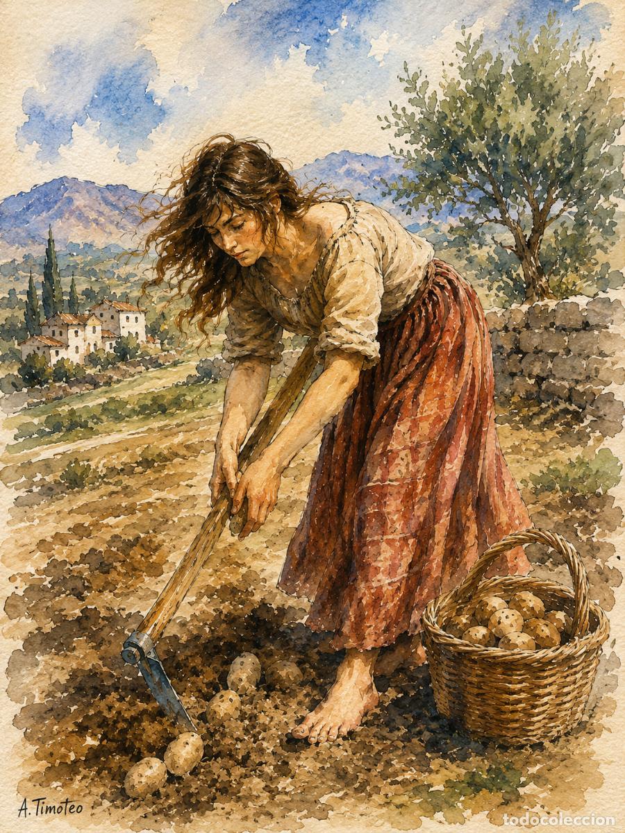 Arte: L&Aacute;MINA de LIENZO ORIGINAL, DIBUJO, ACUARELA,CUADRO.- LA TIERRA QUE D&Aacute; ..H237..30x42 cm.-280g/m2.