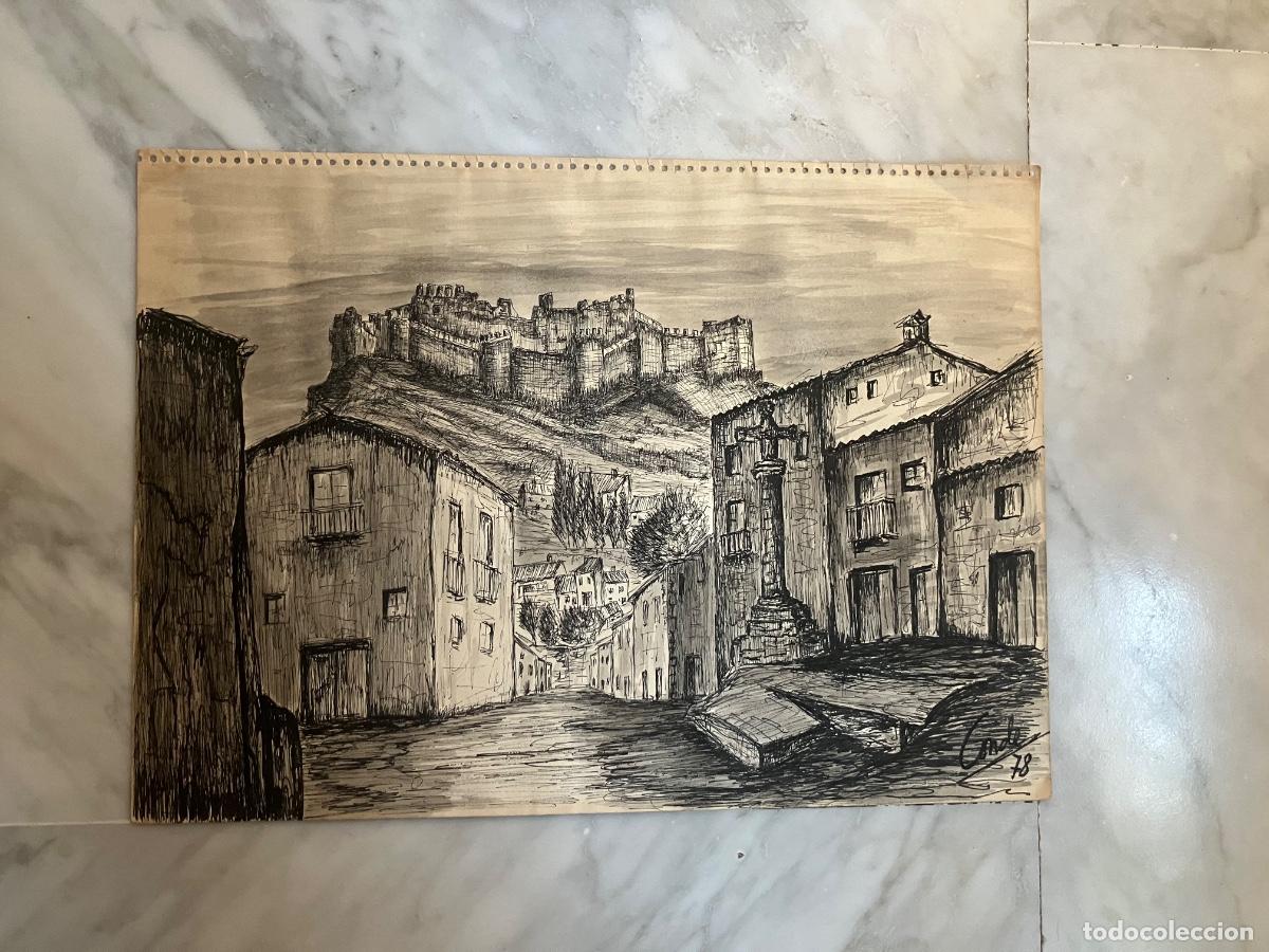 Arte: PLUMILLA CASTILLO MEDIEVAL CON CRUZ DE PIEDRA FIRMADO COSTA 78