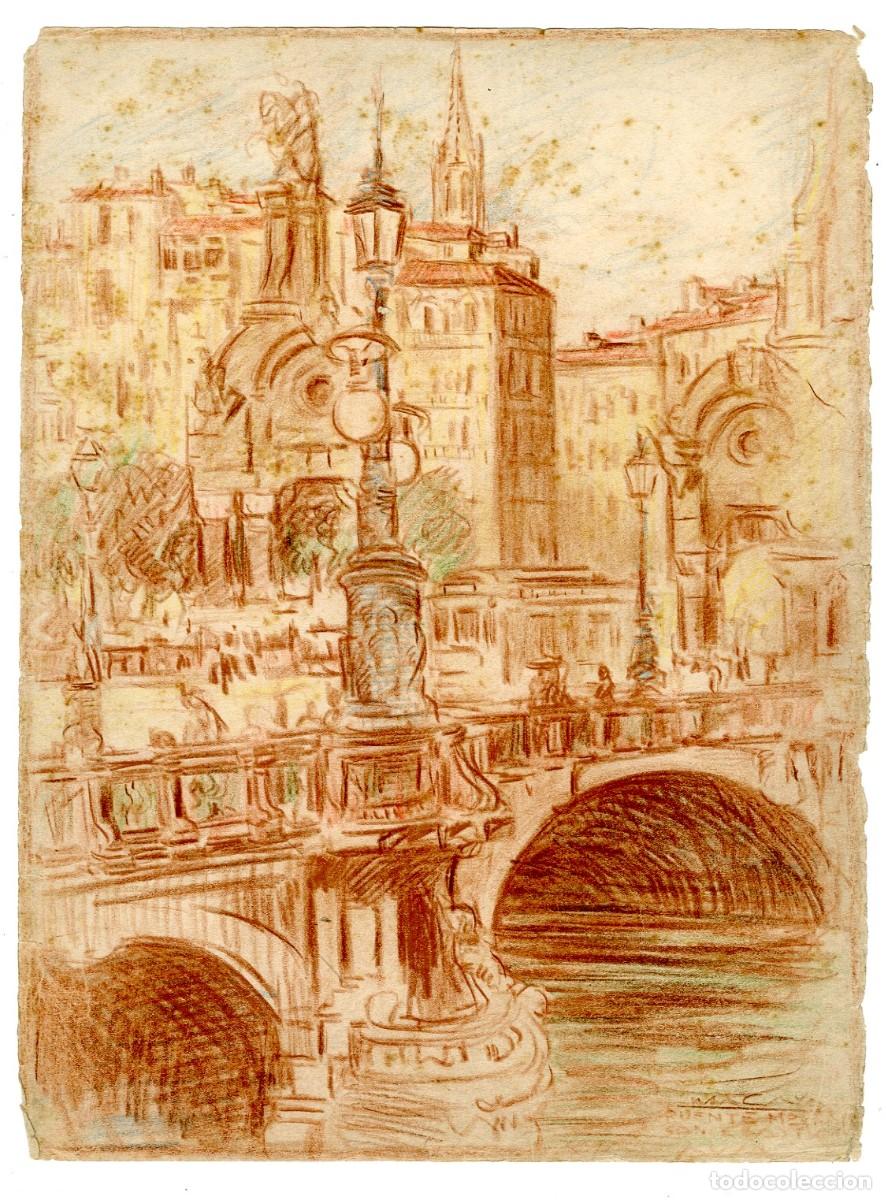Arte: (C) Dibujo Original de Luis Macaya - San Sebastian Puente Maria Cristina - T&eacute;cnica Carb&oacute;n 28x37cm