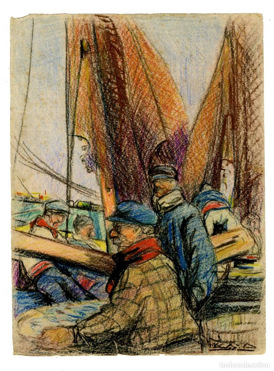 Arte: (C) Dibujo Original de Luis Macaya - Imagen Pescadores Pais Vasco? - T&eacute;cnica Carb&oacute;n 28x37cm