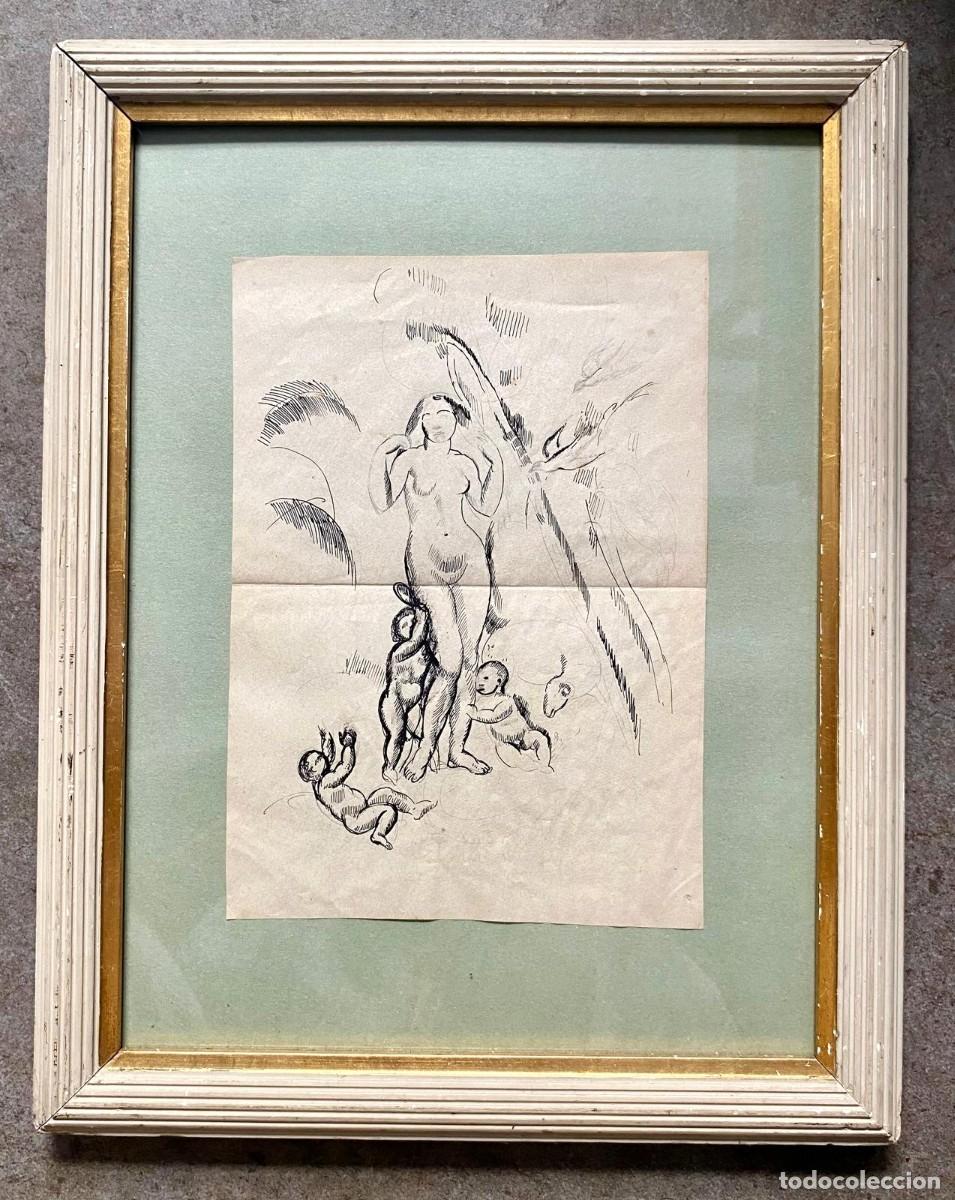 Arte: Joaquim Sunyer, mujer y ni&ntilde;os, dibujo original, 1913, Noucentisme, l&aacute;piz y punta fina, con marco.