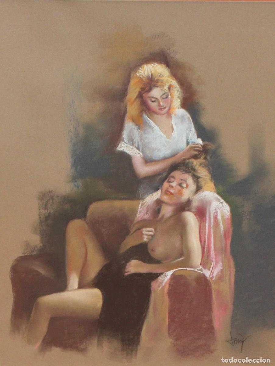 Arte: DOMINGO ALVAREZ GOMEZ (1942) DIBUJO A PASTEL. COMPLICIDAD FEMENINA