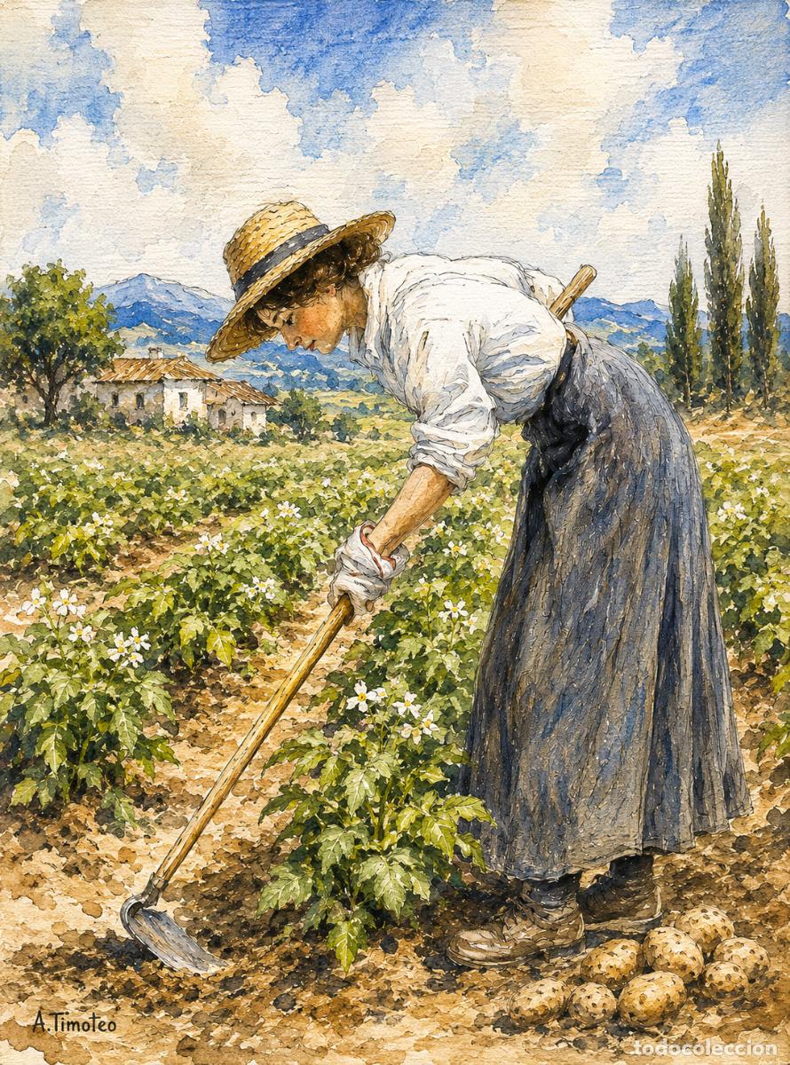 Arte: L&Aacute;MINA de LIENZO ORIGINAL, DIBUJO, ACUARELA,CUADRO.- LA LABOR EN LA TIERR ..H248..30x42 cm.-280g/m2.