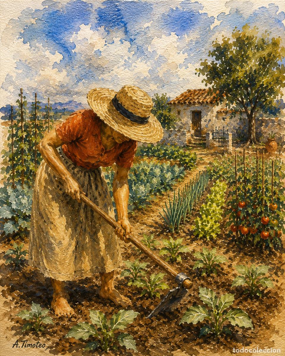Arte: L&Aacute;MINA de LIENZO ORIGINAL, DIBUJO, ACUARELA,CUADRO.- LABORES EN LA HUERTA ..H250..30x42 cm.-280g/m2.