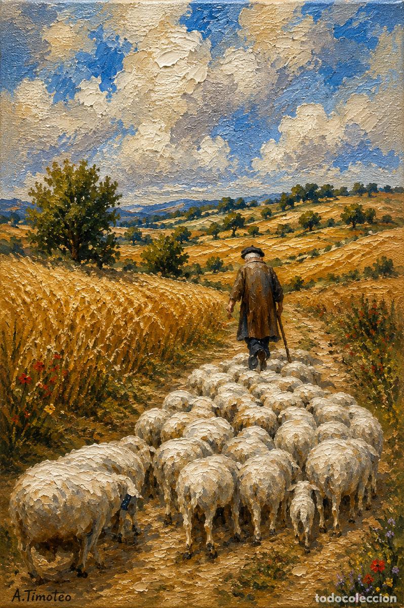 Arte: L&Aacute;MINA de LIENZO ORIGINAL, DIBUJO, ACUARELA,CUADRO.- EL PASTOR Y EL REBA&Ntilde; ..H252..30x42 cm.-280g/m2.