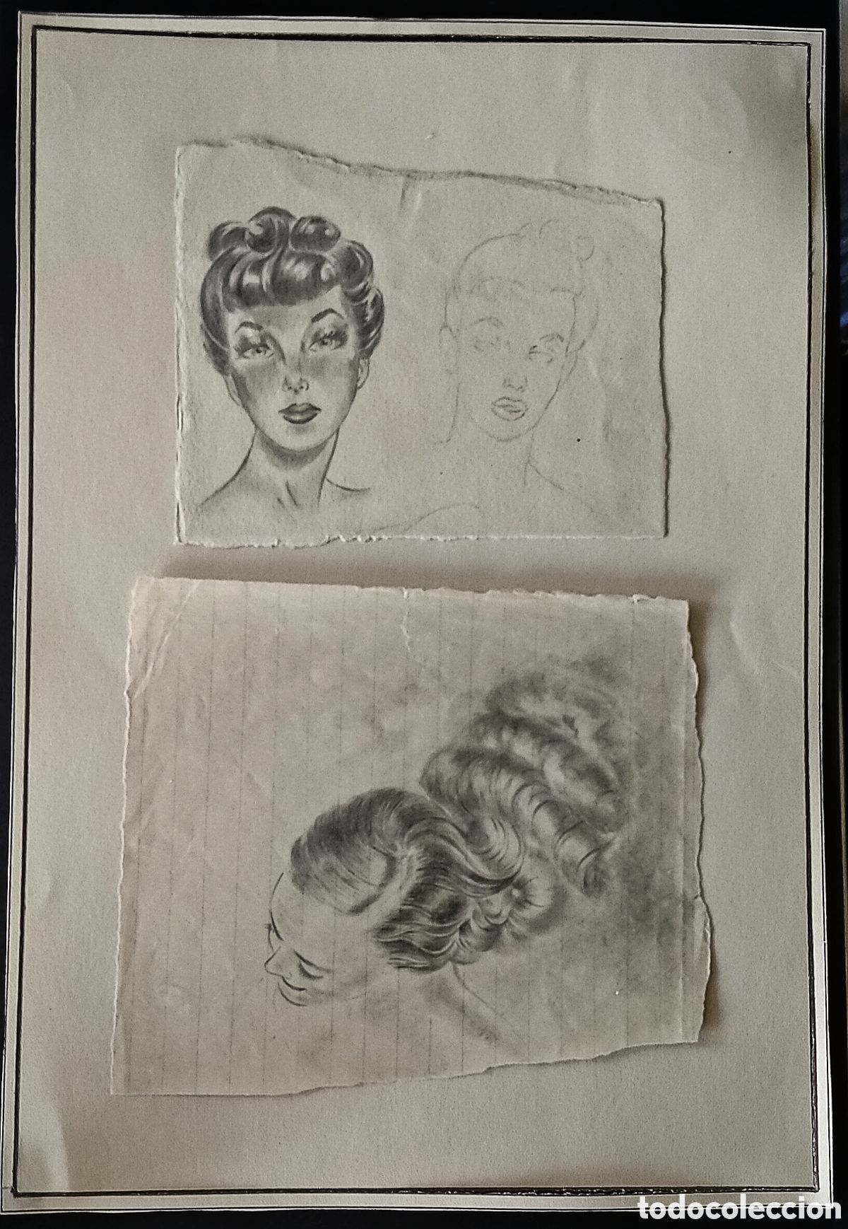 Arte: DIBUJO a L&Aacute;PIZ / (REALISMO). DOS DIBUJOS. BOCETOS. *RETRATO Y ESTUDIO DE CABELLO*. FDO.: H. PUEYO
