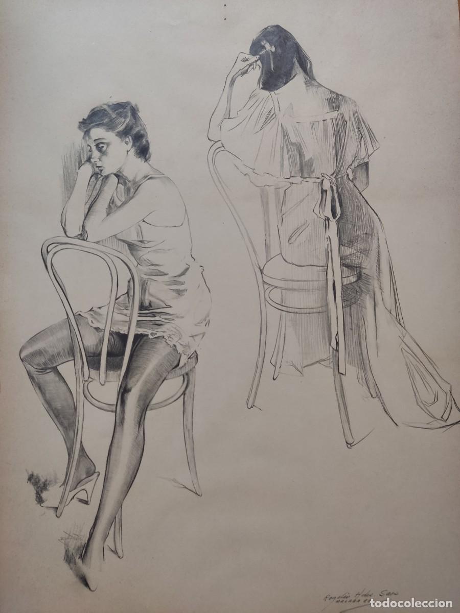 Arte: Excelente dibujo a l&aacute;piz sobre papel. Figuras femeninas. M&aacute;laga. A&ntilde;o 1988.