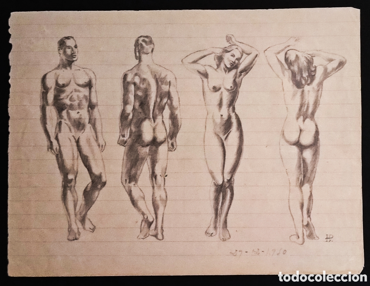 Arte: DIBUJO a L&Aacute;PIZ / (REALISMO). *ESTUDIO DEL CUERPO HUMANO*. FDO.: HP. (HUMBERTO PUEYO. Zaragoza). 1950