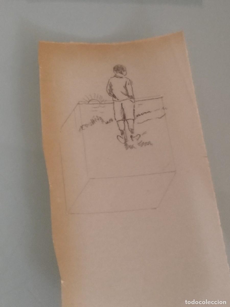 Arte: Antiguo boceto a l&aacute;piz sobre papel vegetal. De ni&ntilde;o mirando al orizonte.