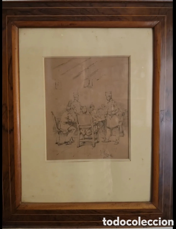 Arte: Escena militar. Dibujo a l&aacute;piz de figuras alrededor de una mesa, firma J. Cusachs