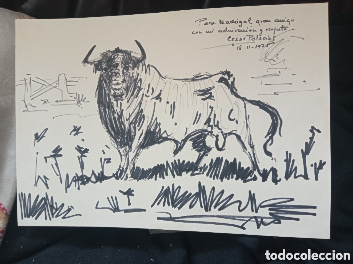 Arte: Dibujo Taurino, firmado por Cesar Palacios en 1975, mide 34,3x24cm