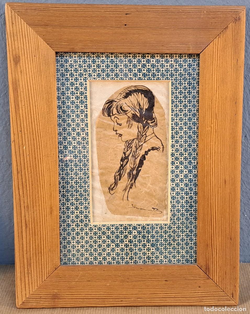 Arte: Dibujo original firmado, Retrato de joven con trenzas