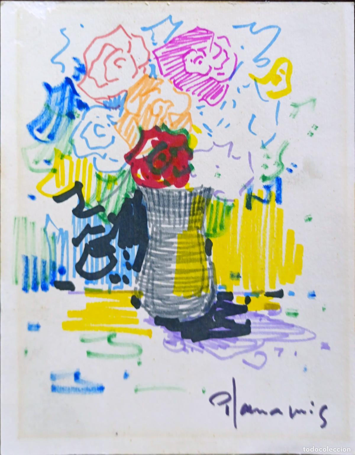 Arte: Dibujo de flores en jarr&oacute;n de Plana Puig. 12,5 x 16 cm