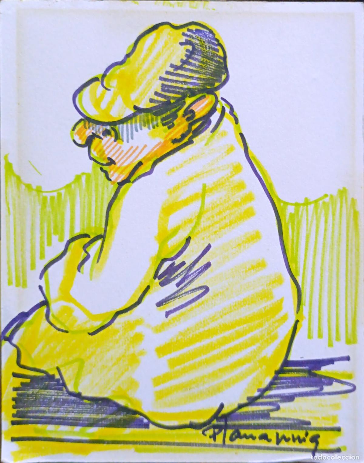 Arte: Dibujo de figura sentada. Firmado Plana Puig. 12,6 x 16 cm