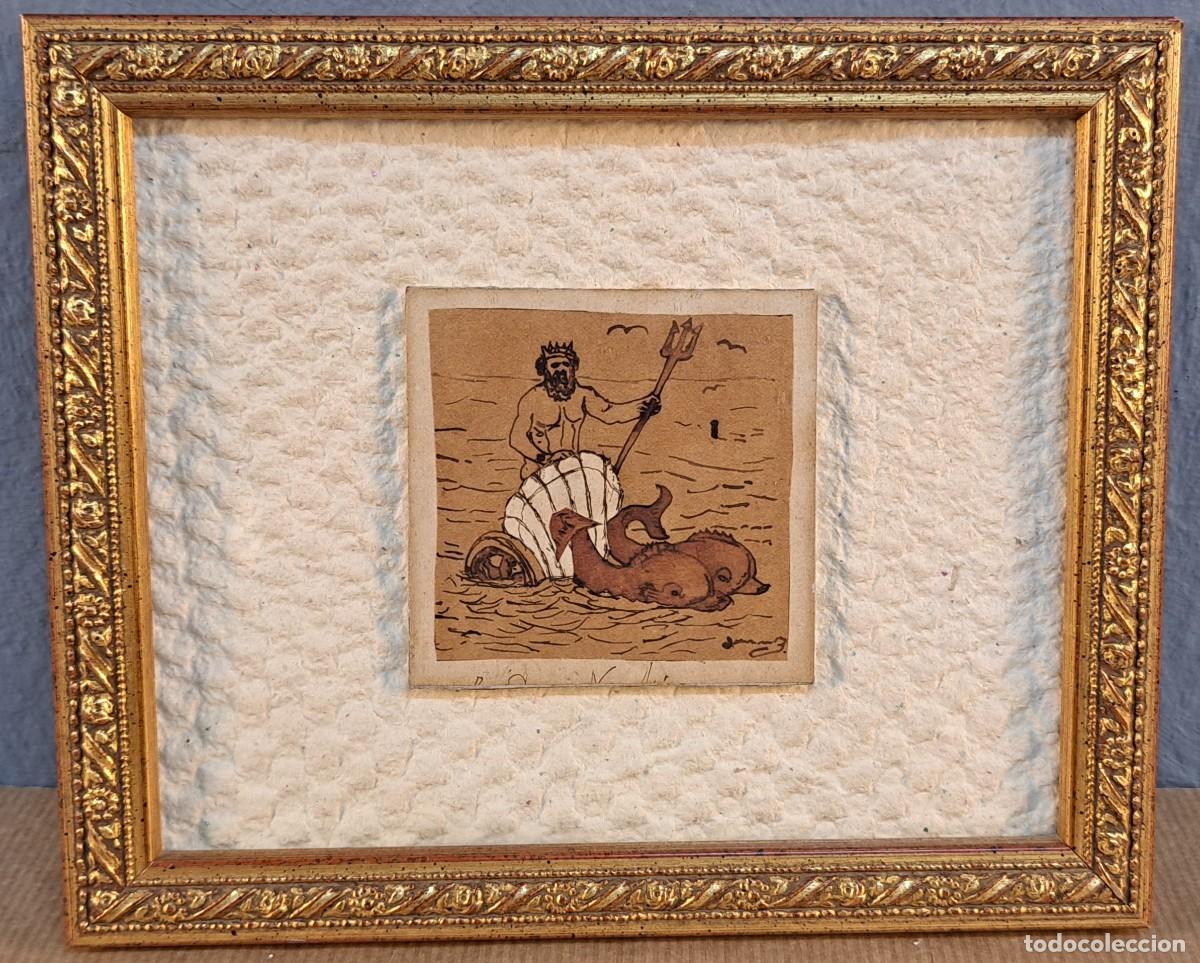 Arte: Antiguo dibujo original firmado, Neptuno en su carro marino