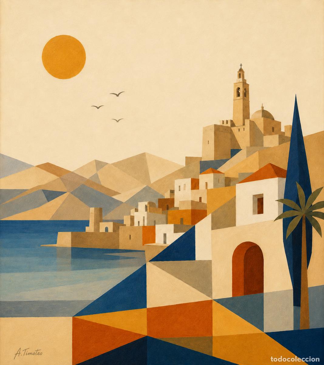 Arte: L&Aacute;MINA EN ACUARELA T&iacute;tulo ALMER&Iacute;A,estilo (ACUARELA GEOM&Eacute;TRICA ANDALUZA)Firma.-A.TIMOTEO.