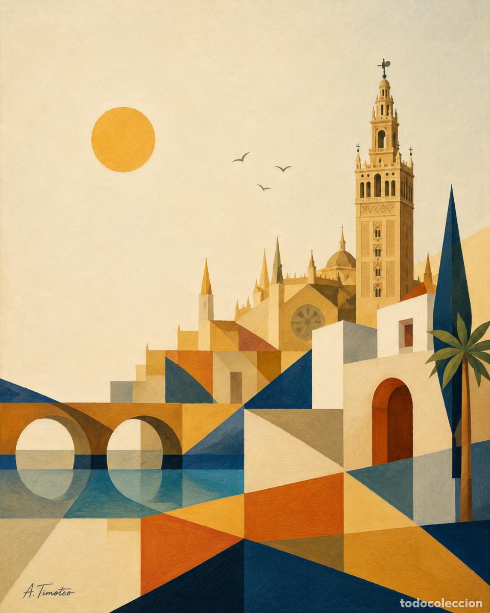 Arte: L&Aacute;MINA EN ACUARELA T&iacute;tulo SEVILLA,estilo (ACUARELA GEOM&Eacute;TRICA ANDALUZA)Firma.-A.TIMOTEO.