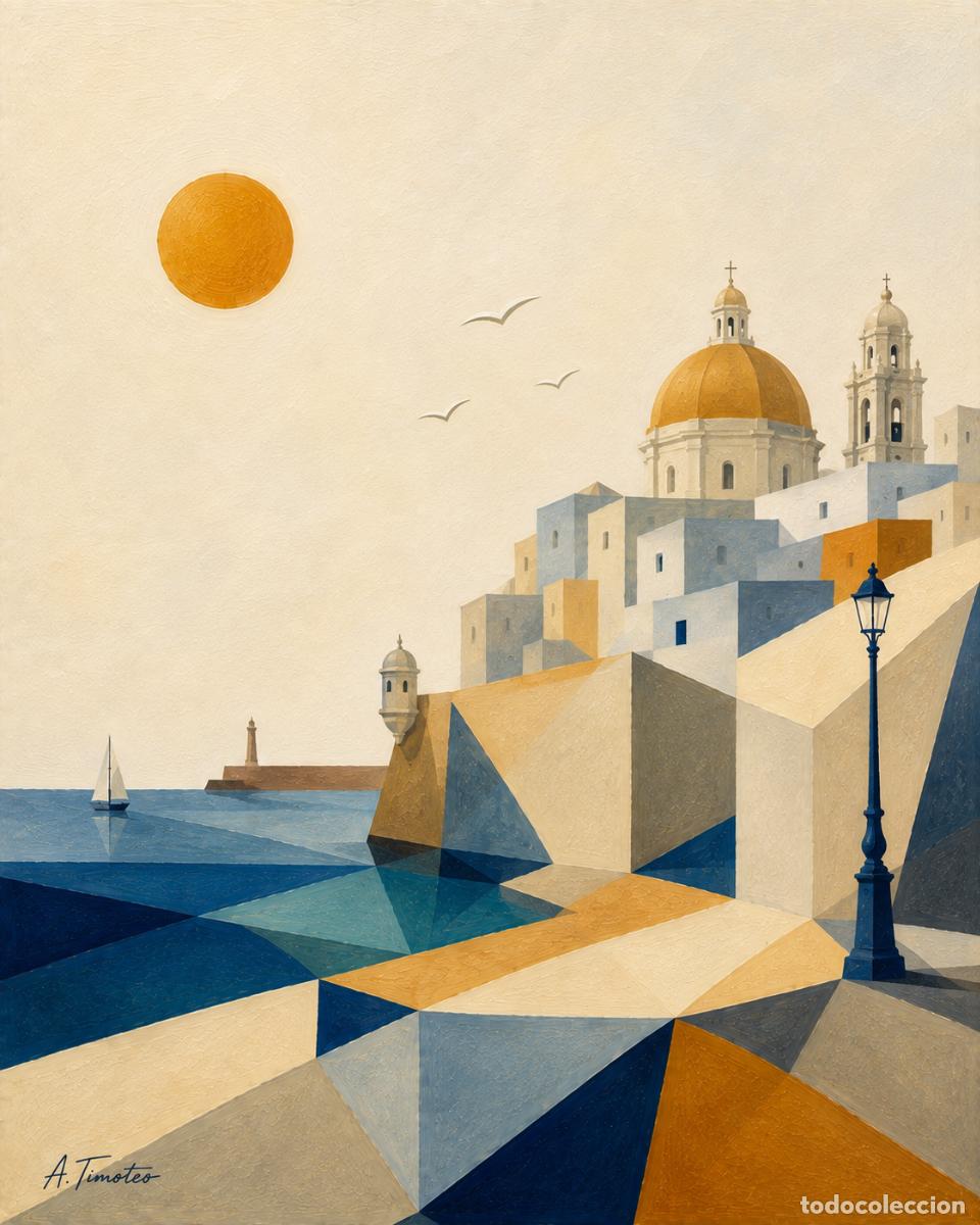 Arte: L&Aacute;MINA EN ACUARELA T&iacute;tulo C&Aacute;DIZ,estilo (ACUARELA GEOM&Eacute;TRICA ANDALUZA)Firma.-A.TIMOTEO.