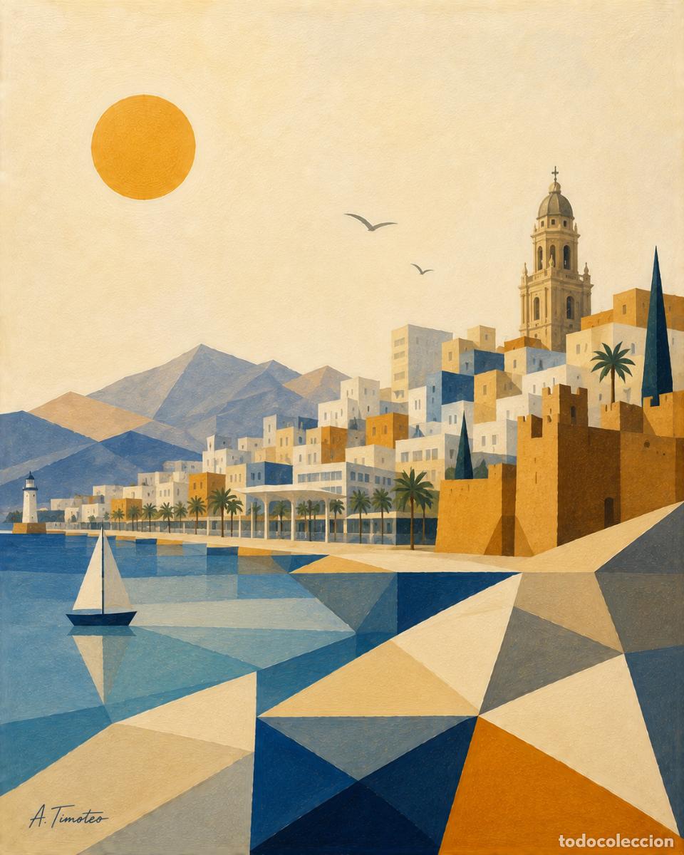 Arte: L&Aacute;MINA EN ACUARELA T&iacute;tulo M&Aacute;LAGA,estilo (ACUARELA GEOM&Eacute;TRICA ANDALUZA)Firma.-A.TIMOTEO.