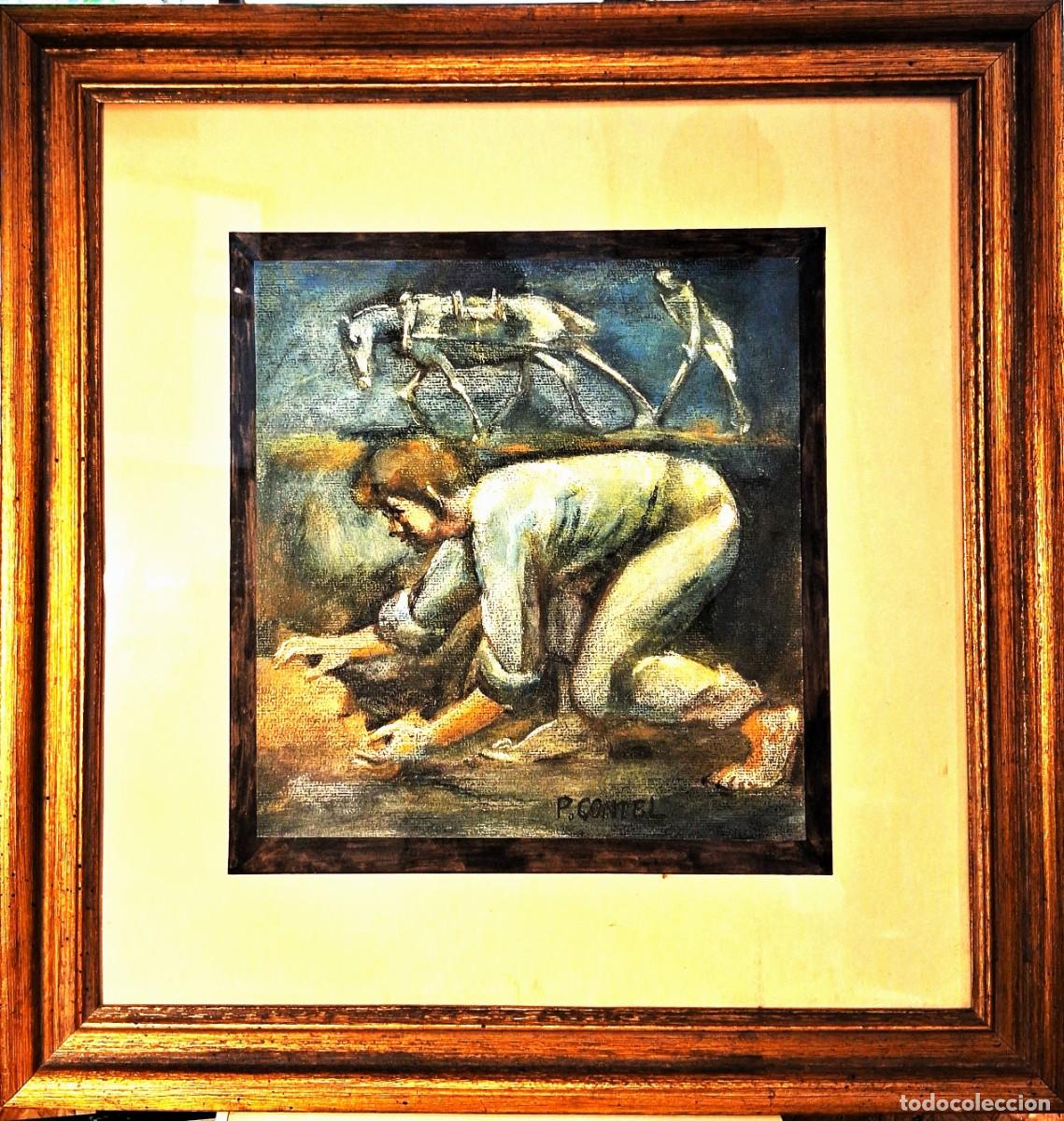 Arte: PEREZ CONTEL,RAFAEL (Villar Del Arzobispo,1909-Valencia,1990) &rdquo;Campesinos&rdquo; t&eacute;c. mixta (24.5 x 23)
