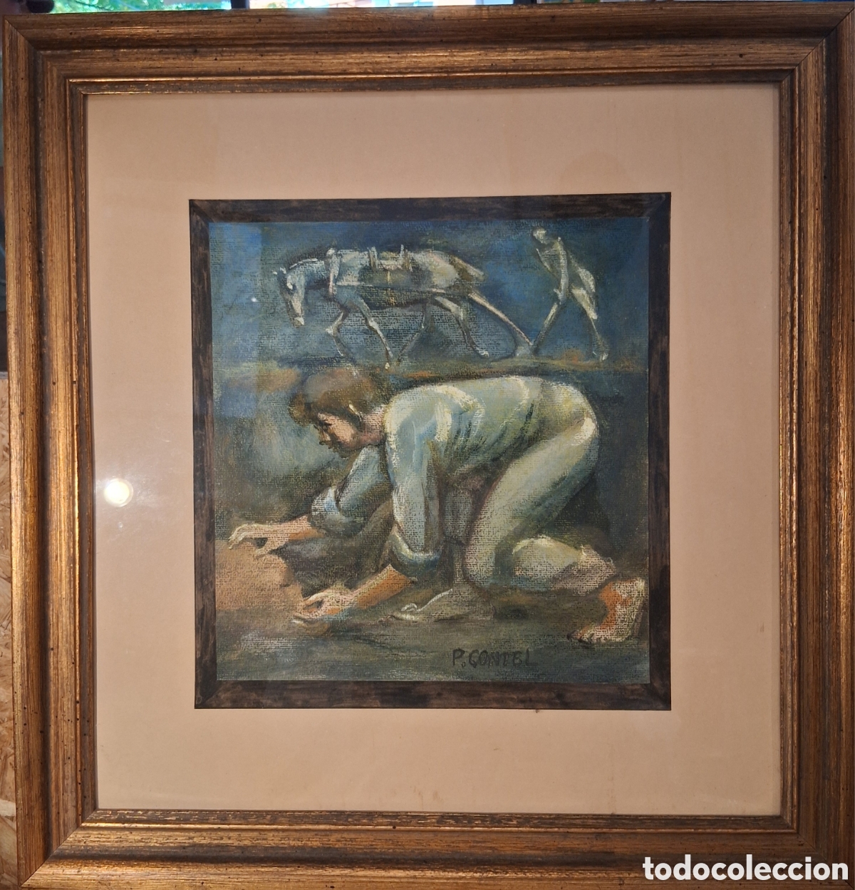 Arte: PEREZ CONTEL,RAFAEL (Villar Del Arzobispo,1909-Valencia,1990) &rdquo;Campesinos&rdquo; t&eacute;c. mixta (24.5 x 23)