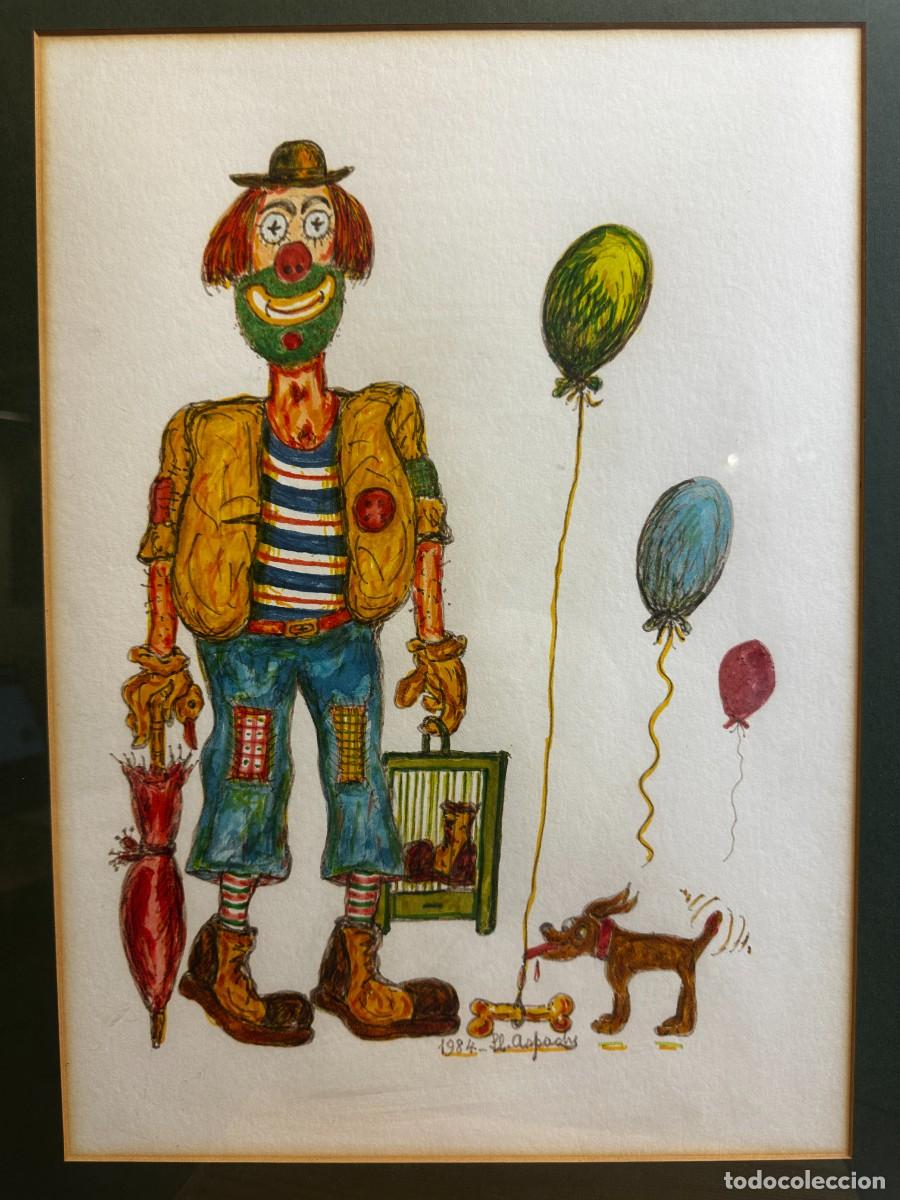 Arte: Dibujo acuarelado de payaso, firmado Ll. Aspachs (?) &ndash; 1984