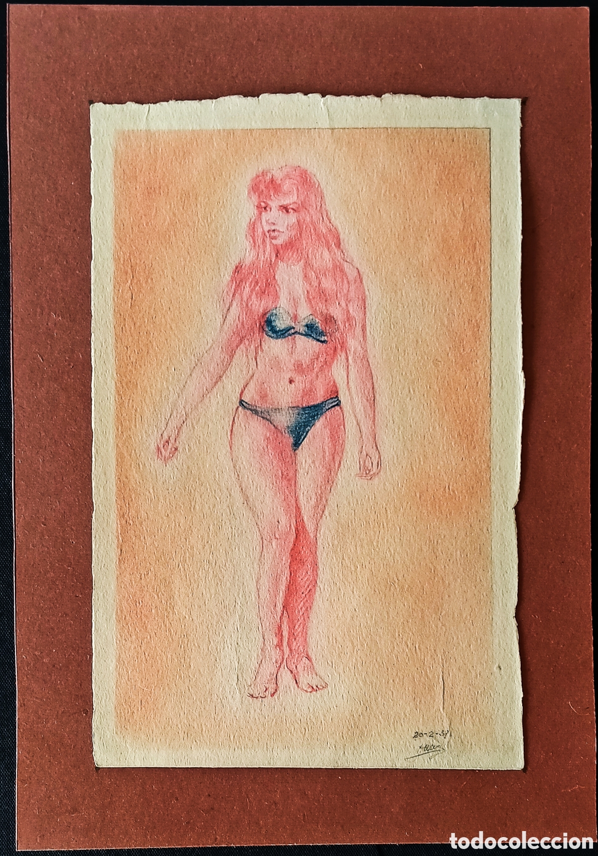 Arte: DIBUJO a L&Aacute;PIZ COLOR / * CHICA CON BIKINI AZUL *. FDO.: HUMBERTO PUEYO (Zaragoza). A&ntilde;o 1957