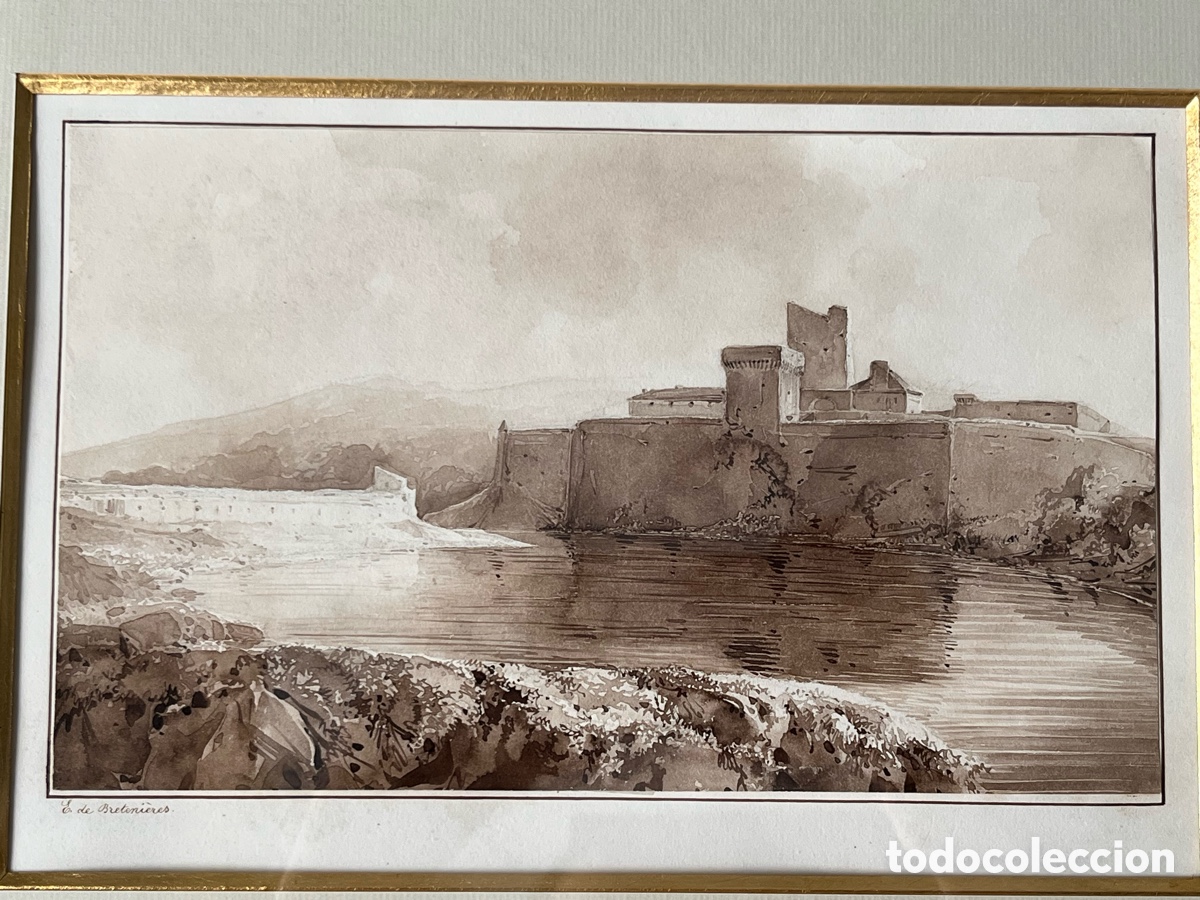 Arte: Edmond de Breteni&egrave;res (1804-1882) Dibujo del siglo XIX tinta aguada